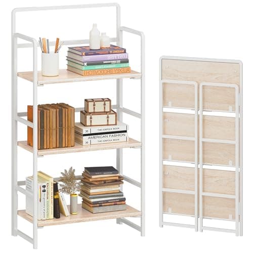 4NM No Assembly Folding Bookshelf, 3-Shelf 42.1" H Collapsible Foldable Bookcase Storage for Small Spaces, Natural White - Image 1