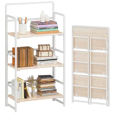 4NM No Assembly Folding Bookshelf, 3-Shelf 42.1" H Collapsible Foldable Bookcase Storage for Small Spaces, Natural White - Image 1