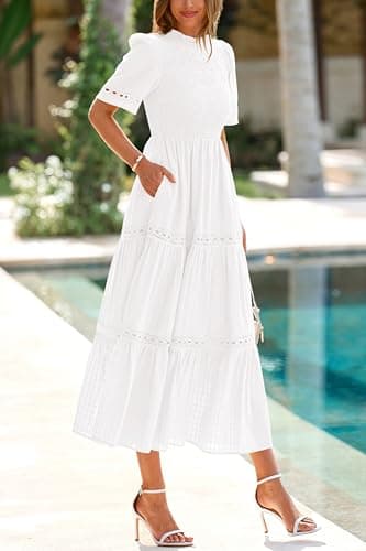 dowerme Summer Dresses for Women 2025 Casual Boho Hollow Out Short Sleeve Ruffle Mock Neck Smocked Maxi Gingham Sundress(White,Medium) - Image 8