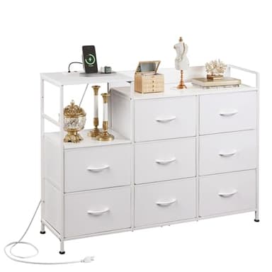 WLIVE White TV Stand with Charging Station, Entertainment Center with 8 Fabric Drawer, TV Media Console Table Open Storage Shelves, Wood Top for Living Room, Hallway - Image 7