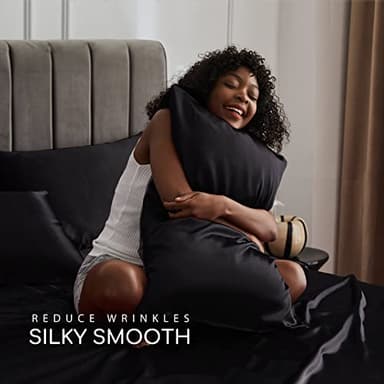 MR&HM Satin Sheets Full Size with Elastic Corner Straps, 4-Piece Silky Bedding Set, Deep Pocket 15 Inches, Good for Hair & Skin (Full, Black) - Image 4