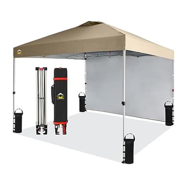 CROWN SHADES 10x10 Pop Up Canopy with 1 Side Wall - Beach Tent with One Push Setup - Outdoor Sun Shade for Events, Parties, Camping - Gazebo with STO-N-Go Cover Bag (Beige) - Image 1