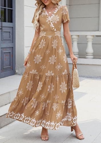 PRETTYGARDEN Womens 2025 Summer Casual V Neck Boho Maxi Dress Flowy Aline Bell Sleeve Tiered Floral Dresses with Pocket (Floral Khaki White,Medium) - Image 7