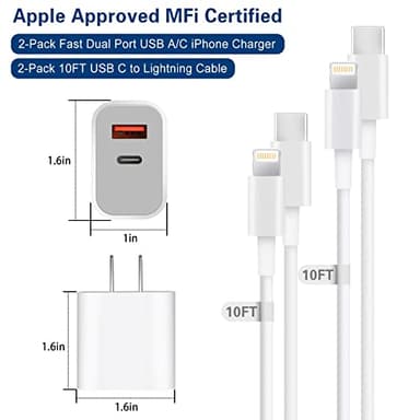 Fast Charger iPhone, Dual Port A/C Charging Adapter, 2Pack Quick Double Wall Charger Block, Apple Charger Block 10FT USBC to Lightning Cable for iPhone 14/13/12/11/ProMax/XS/XR - Image 7