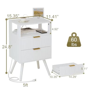 JOONEE White Nightstand with Charging Station and LED Lights,Modern Bedside Table with 2 Storage Drawer and Open Wood Shelf, for Bedroom and Small Spaces,Night Stand with Solid Wood Legs,White - Image 2