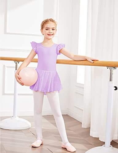 Arshiner Girls Ruffle Sleeve Ballet Dance Dress Tutu Skirted Leotard, 6-7 Years, Lilac - Image 4
