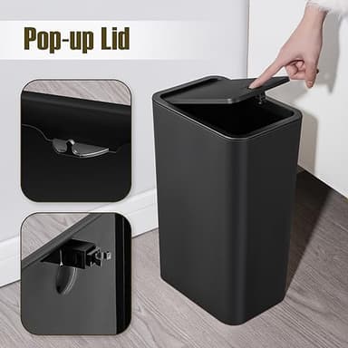 TrashAid 2 Pack Bathroom Trash Can with Lid, 2.6 Gallon / 10 Liter Small Garbage Can with Press Top Lid, Plastic Wastebasket with Pop-up Lids for Toilet, Office, Bedroom, Living Room, Black - Image 3