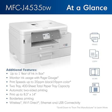 Brother MFC-J4535DW INKvestment -Tank All-in-One Color Inkjet Printer with NFC, Duplex and Wireless Printing Plus Up to 1-Year of Ink in-Box, White - Image 2