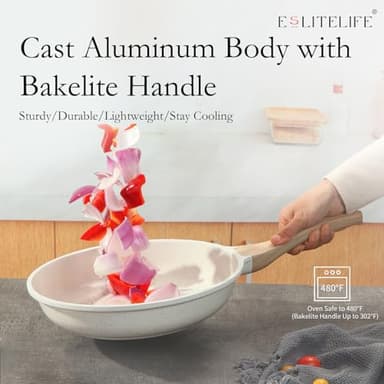 ESLITE LIFE Nonstick Ceramic Frying Pans Skillets Set, Non-Toxic Egg Omelette Kitchen Cooking Pans Compatible with All Stovetops (Gas, Electric & Induction), PTFE & PFOA Free (White) - Image 5