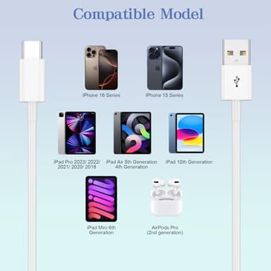 Car Carplay Cable for iPhone 17/16/15,iPhone 17/16/15Pro 17/16/15Pro Max 17/16/15Plus, USB A to USB C Cable for Apple Carplay, USB-C Car Charger for iPad Pro iPad Air 5th 4th Mini 6th Type C 3FT-White - Image 3