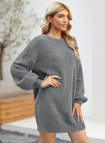 Meenew Women's Solid Long Sleeve Round Neck Oversized Knit Sweater Dress Gray M - Image 3