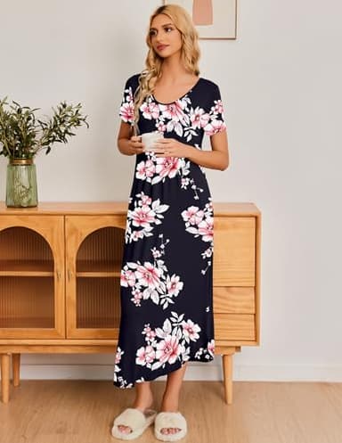 Ekouaer Long Nightgowns for Women Soft House Dress Pleated Front Nightshirt Full Length Loungwear Black Pink Flowers XL - Image 2