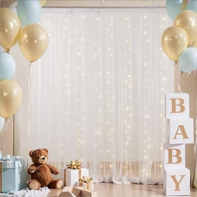 PARTISKY 10x8ft White Tulle Backdrop Curtain with Lights String for Parites, Sheer Backdrop Curtains for Wedding Baby Shower Birthday Party Photo Shoot Decorations - Image 2