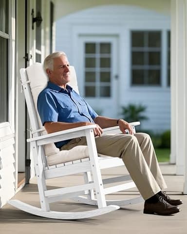 SERWALL Oversized Outdoor Rocking Chair, HDPE Rocker with Cushion, Patio Rocking Chairs for Porch, White Chair+Beige Cushion - Image 8