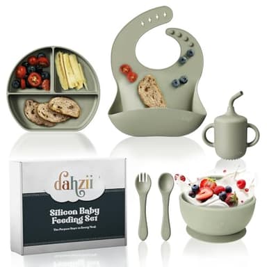 Dahzii 6-Piece Silicone Baby Feeding Set Non-Slip Suction Plate, Bowl, Spoon, Fork, Cup, Bib. BPA-Free, Dishwasher & Microwave Safe for Babies & Toddlers - Image 1