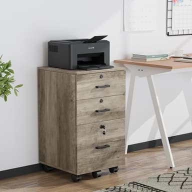 VINGLI 3-Drawer File Cabinet with Lock, Wood Rolling Under Desk File Cabinets for Home Office, Mobile Printer Stand & Filing Organizer for Letter Sized Files, 26" H(Caster Included), Rustic Gray - Image 2