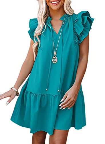 Dokotoo Summer Dresses for Women Sun Dresses 2025 Elegant V Neck Drawstring Ruffle Solid Pockets Cap Short Sleeve Casual Dresses for Women Green Large - Image 1