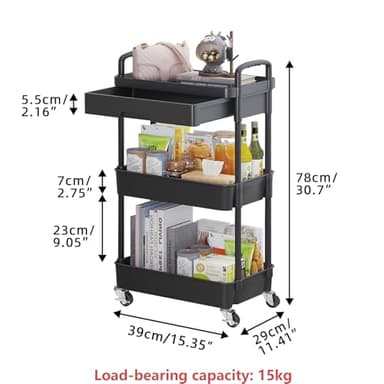 Calmootey 3-Tier Rolling Utility Cart with Drawer,Multifunctional Storage Organizer with Plastic Shelf & Metal Wheels,Storage Cart for Kitchen,Bathroom,Living Room,Office,Black - Image 3