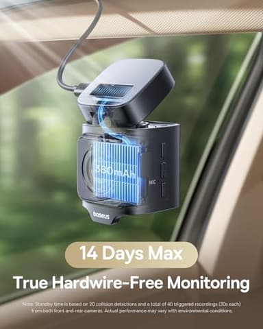 Baseus VD1 Pro Solar Dash Cam Front and Rear, 4K+1080P Dash Camera for Cars, Hardwire-Free Parking Mode, Starvis Night Vision, 32 GB Card Included, 5GHz WiFi, GPS, 170°Wide Angle,Voice Control - Image 3