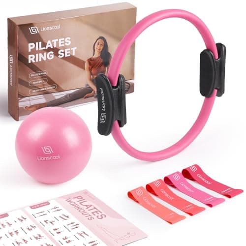 LIONSCOOL Pilates Ring Set – 14" Anti-Deformation Magic Circle with Padded Handles, Mini Ball, Resistance Bands, Guide & Bag (Pink) - Image 1