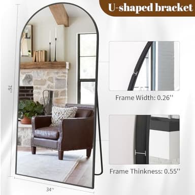 Koonmi 34"x76" Arched Full Length Mirror, Black Large Floor Mirror with Aluminum Alloy Frame Standing Hanging or Leaning Wall-Mounted Mirror, Vanity Mirror for Living Room and Bedroom - Image 4