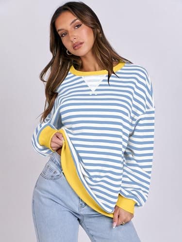 ANRABESS Women Striped Sweatshirts Oversized Crewneck Long Sleeve Shirts Y2K Pullover Top 2025 Fall Outfits Fashion Clothes Bule White Medium - Image 3