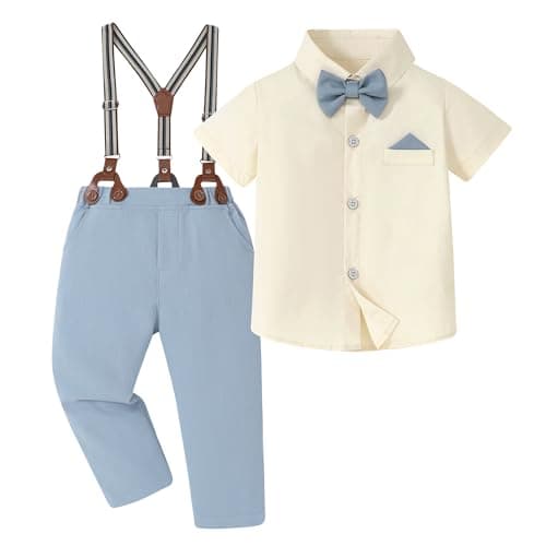 DISAUR Suit for Toddler Boys 4t 5t 4-5t Beige Dress Shirt Sky Blue Suspender Pants Easter Suits for Little Gentle - Image 1