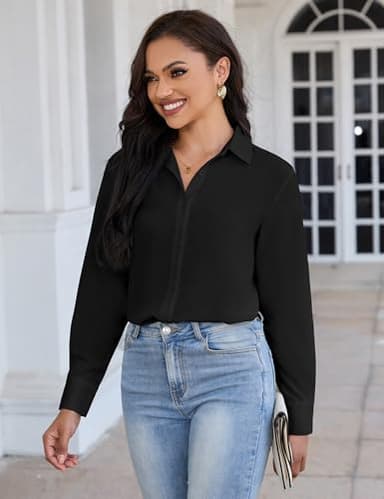 YAMANMAN Women's Button Down Shirt Classic Long Sleeve Collared Tops Work Office Chiffon Blouse Black - Image 4