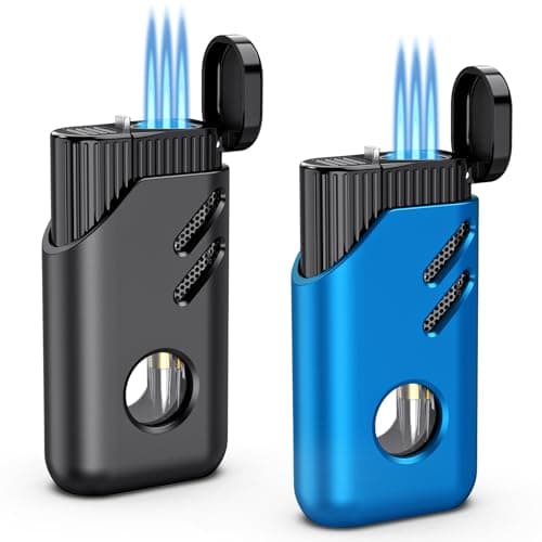 TOPKAY 2 Pack Torch Lighter Mini Refillable Triple 3 Jet Flame Butane Lighter Windproof Adjustable Flame Torch Lighter for Candle Grill Kitchen Fireworks Camping(without Fuel), Black Blue