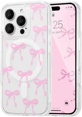 UEEBAI Magnetic for iPhone 13 Pro Max Case, Bow Case Compatible with MagSafe, Wireless Slim Clear Ribbon Aesthetic Phone Cover Anti-Yellowing Shockproof Protective Cover for Women Girl - Pink - Image 3
