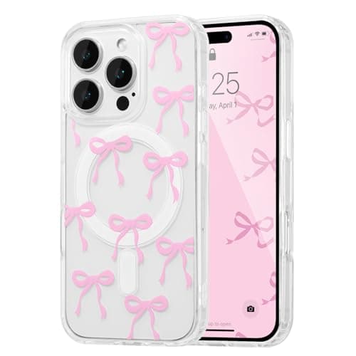 UEEBAI Magnetic for iPhone 16 Pro Max Case, Bow Case Compatible with MagSafe, Wireless Slim Clear Ribbon Aesthetic Phone Cover Anti-Yellowing Shockproof Protective Cover for Women Girl - Pink - Image 1