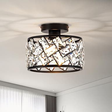 Rpzloila Crystal Ceiling Light Fixture, Modern Semi Flush Mount Ceiling Light,Crystal Chandelier for Kitchen Bedroom Bathroom Entryway, Black Finish - Image 2