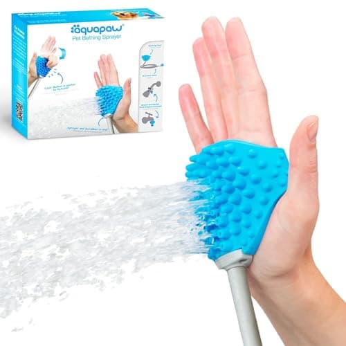 Aquapaw Dog Bath Brush & Sprayer - Original, Blue - Wearable Scrubber & Shampoo Brush for Pet Bath & Grooming - Compatible with Indoor Shower Hose & Garden Hose, Adapters Included - Image 1