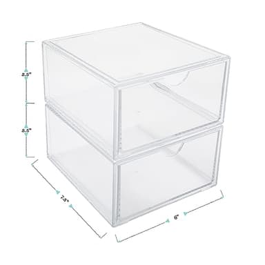 Martha Stewart Brody Desk Organizer with Drawer, Stackable Plastic Desk Storage Box, Organizer for Office, Bathroom, Countertop or Dorm, 6" x 7.5", 2 Pack, Clear - Image 2