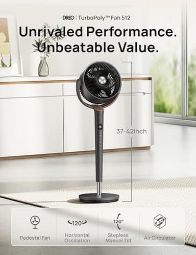 Dreo Fan for Bedroom, 120° Oscillating Standing Fans, Quiet Floor Fan with DC Motor, 100ft Pedestal Fans for Room, 9 Speeds, 4 modes, 20dB, 120° Manual Vertical, 37-42" Adjustable Height, 9H Timer - Image 2