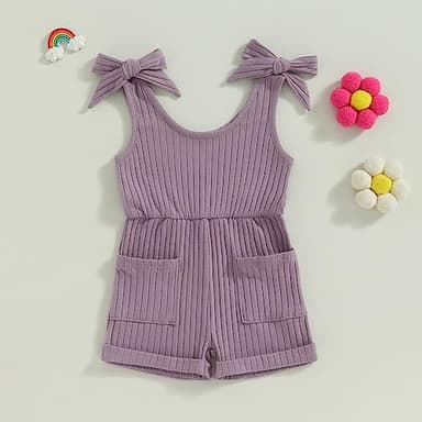Fernvia Toddler Baby Girl Summer Clothes Sleeveless Ribbed Knitted Jumpsuit Shorts Overalls Baby One Piece Outfit (B Purple, 12-18 Months) - Image 2