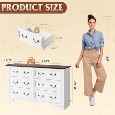 WLIVE Farmhouse Dresser for Bedroom, 51.97'' Wide Wood White Dresser with 6 Drawer, Chest of Drawers with Roman Metal Handle, TV Stand for 60 inch TV, for Living Room, Hallway - Image 4
