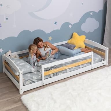 Ocodile Twin Floor Bed with Safety Guardrails for Kids, Montessori Inspired with Rails and 2 Openings, Twin Size Bed Frame for Girls and Boys - White - Image 1