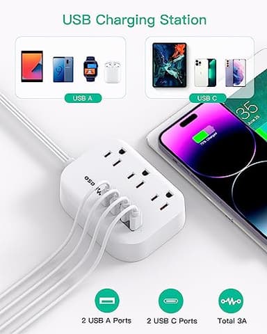 Mifaso Dorm Room Essentials Power Strip - Flat Extension Cord with Multiple Outlets, 5Ft Ultra Cord with 4 USB Ports, Non Surge Protector for Cruise Ship Travel, Desktop Charging Station - Image 4