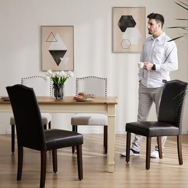 Sweetcrispy Dining Chairs Set of 4, Upholstered Leather Kitchen Room Chairs Mid Century Modern High-End Dining Room Side Chairs with Nailhead Trim and Wood Legs for Bedroom, Living Room, Brown - Image 2