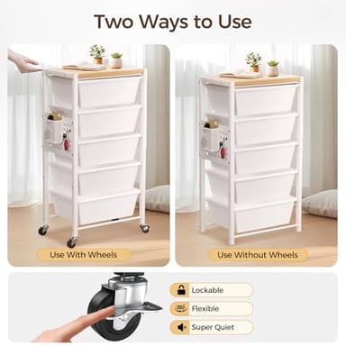 Rolling Cart with 5 Drawers, Plastic Drawer Storage Carts with Lockable Wheels & Wooden Tabletop, Metal Utility Cart with Pegboards, Office Living Room Classroom Craft Organization and Storage, White - Image 6