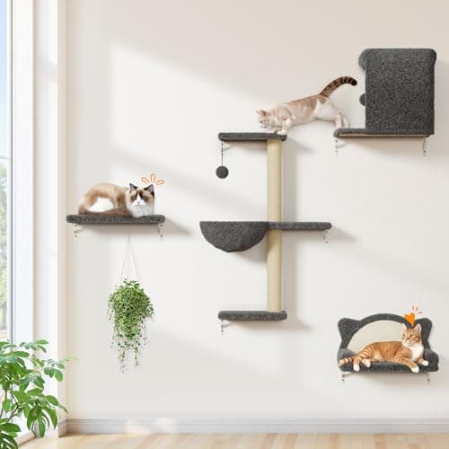 PLEKER Cat Wall Shelves 5-in-1 Modern Climbing Wall Furniture Set for Cats with Scratching Posts, Cat Bed & Sofa, Space-Saving Perch for 16" Drywall, Gray - Image 1