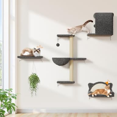 PLEKER Cat Wall Shelves 5-in-1 Modern Climbing Wall Furniture Set for Cats with Scratching Posts, Cat Bed & Sofa, Space-Saving Perch for 16" Drywall, Gray - Image 1
