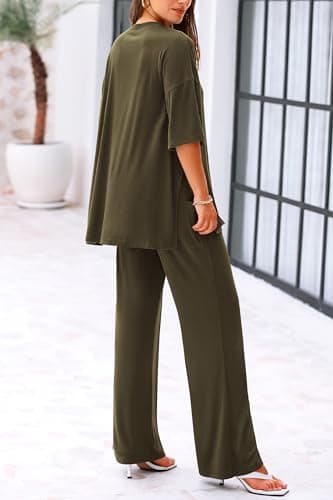 KIRUNDO Lounge Sets for Women 2025 Casual Summer Oversized Short Sleeve Shirts Tops and Wide Leg Pants Sets Clothing Maternity Lounge Set(Army Green, Large) - Image 2