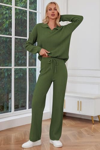Cakulo Womens 2024 Lounge Sets 2 Piece Outfits Knit Sweater Matching Set Ribbed Wide Leg Loungewear Sweatsuits Army Green S - Image 8