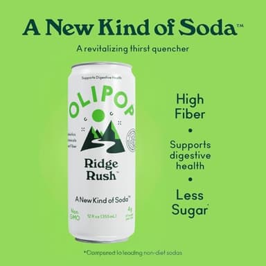 OLIPOP Sparkling Prebiotic Soda, Ridge Rush, Pantry Pack Packed with Prebiotics, Fiber, and Botanicals, Gluten Free, Vegan, GMO Free, 12oz Skinny Can (12 Pack) - Image 5