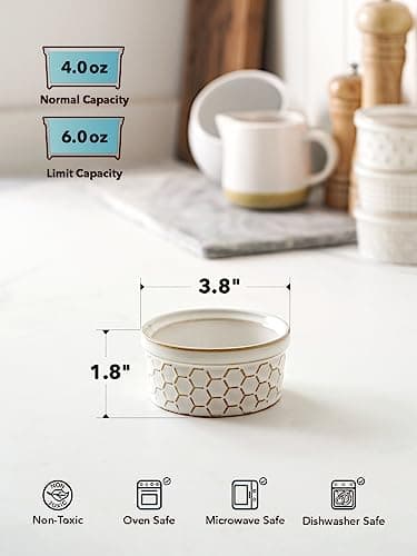 LE TAUCI Ramekins 4 oz Oven Safe for Creme Brulee, Charcuterie Boards Bowls for Souffle, Small Sauce Bowl, Ceramic Baking Dishes - 3.8 inch, Set of 4, Arctic White - Image 5