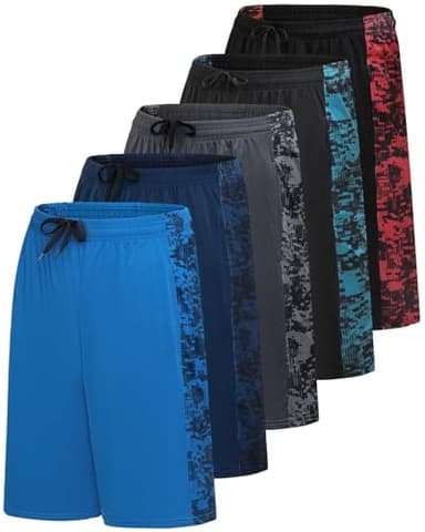 Real Essentials Men’s 5 Pack: 9" Dry-Fit Shorts – Athletic Gym, Workout, Basketball, Running, Casual Lounge Active Pockets, Set 11, XL - Image 1