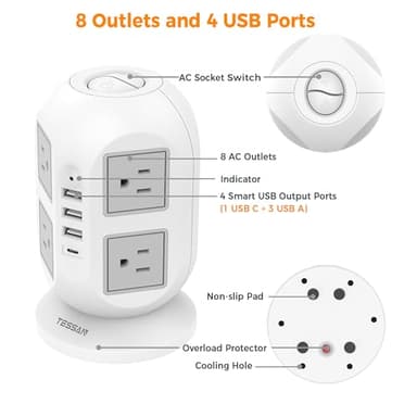 TESSAN Tower Surge Protector Power Strip 10 ft, Long Flat Extension Cord with Multiple Outlets, 8 AC Outlets with 4 USB Ports (1 USB C), Charging Station with Surge Protection, for Home Office Dorm - Image 5