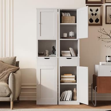 Shintenchi Tall Bathroom Storage Cabinet, Slim Corner Floor Cabinet with Doors and Drawer, Freestanding Narrow Bathroom Organizer with Adjustable Shelves for Small Space, White - Image 4